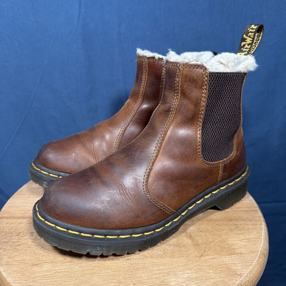 Doc Dr Martens 2976 Leonore Brown Leather Chelsea Boots Womens Size 6 Faux Fur